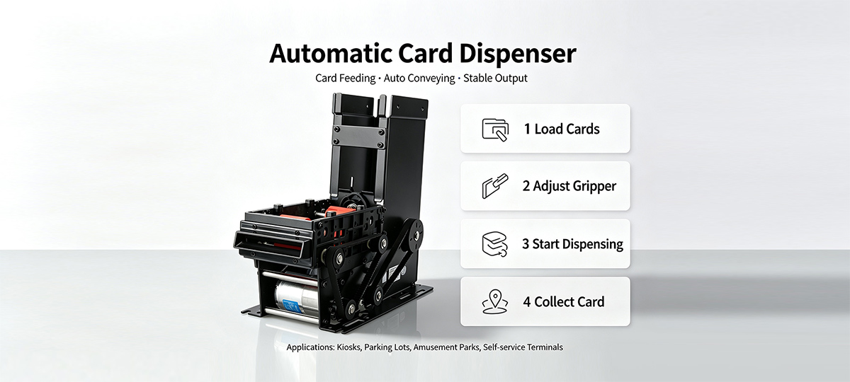Automatic card dispenser machine with four-step workflow: Load Cards, Adjust Gripper, Start Dispensing, Collect Card, on a light background.